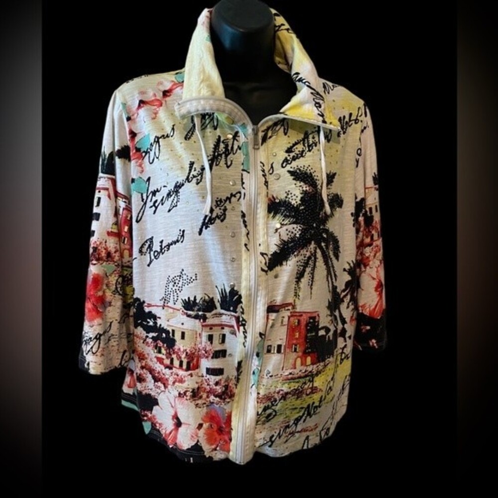 Onque Casuals tropical zip 3/4 sleeve shirt jacket rhinestone palm trees L - Picture 2 of 11